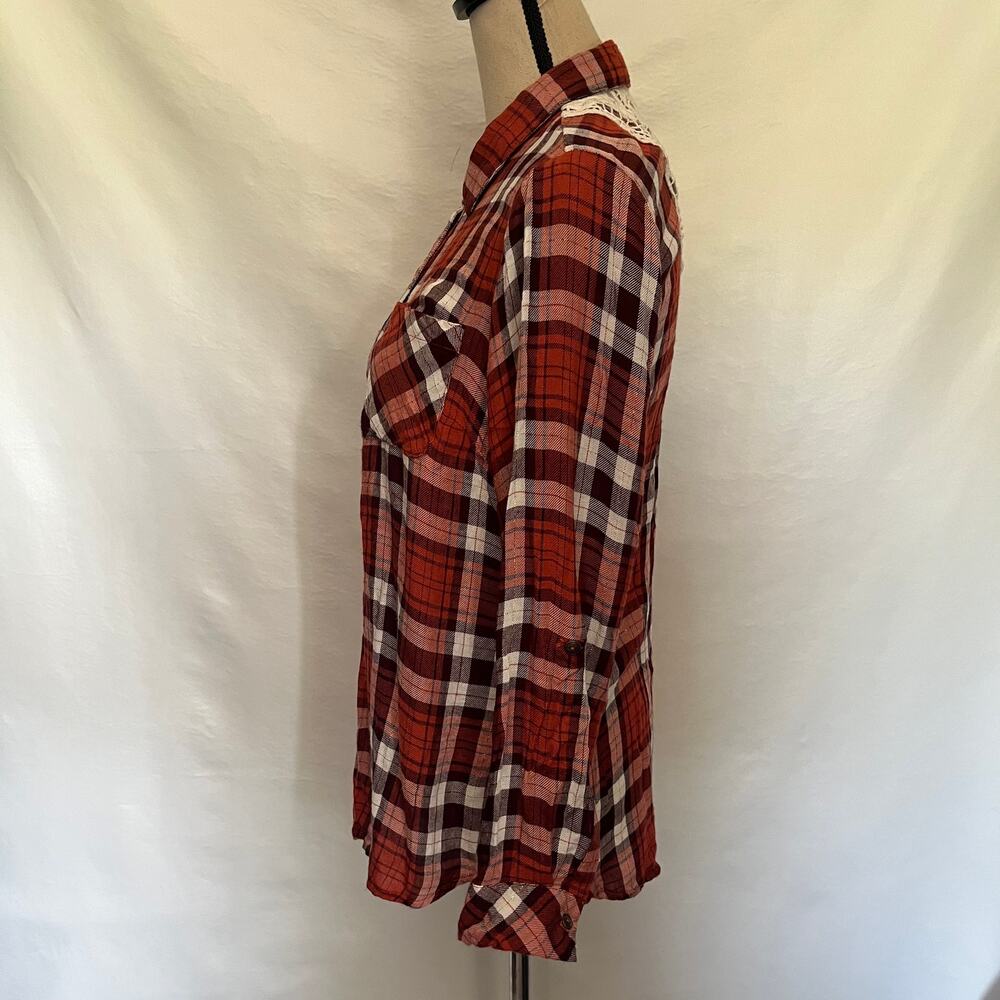 Linda Anderson Crochet Back Plaid Womens Shirt Sz S Boho Western Indie Grunge - Picture 5 of 15